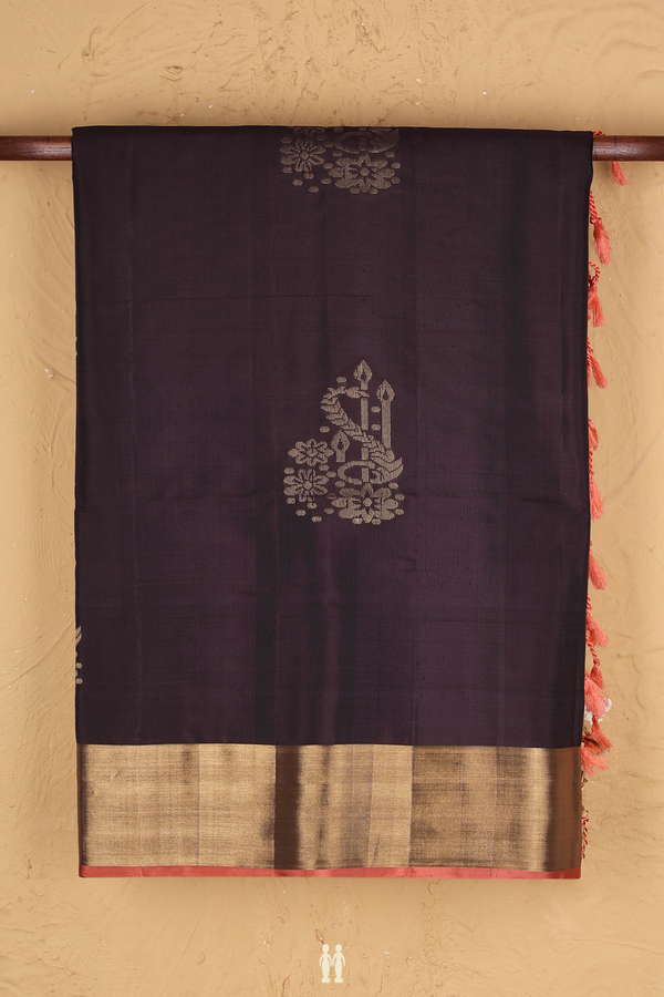 Soft Silk Saree In Dark Oak Brown With Zari Motifs