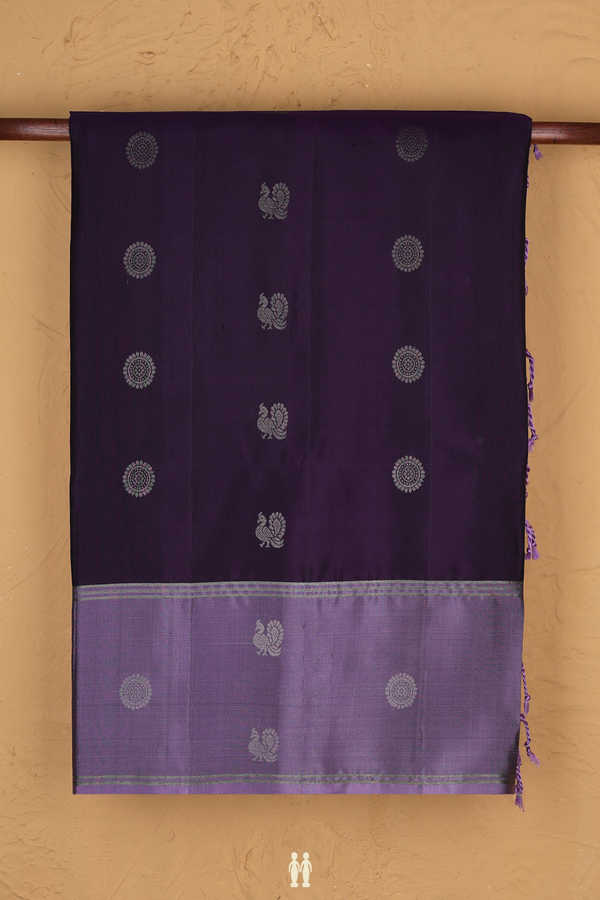Soft Silk Saree In Deep Purple With Peacock Buttas