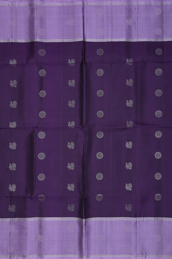 Soft Silk Saree In Deep Purple With Peacock Buttas