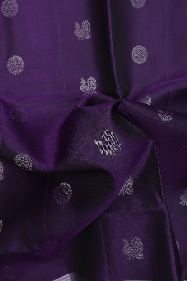 Soft Silk Saree In Deep Purple With Peacock Buttas