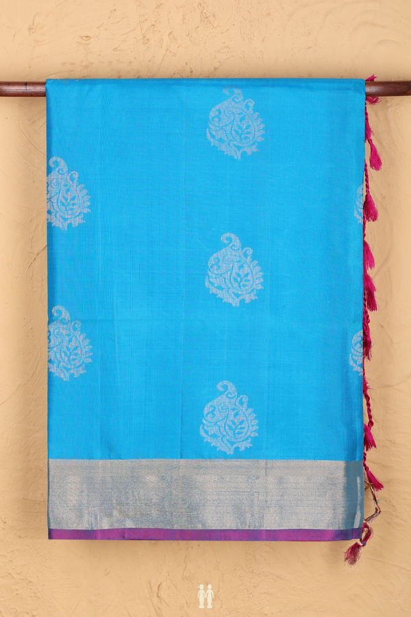 Soft Silk Saree In Deep Sky Blue With Zari Buttas