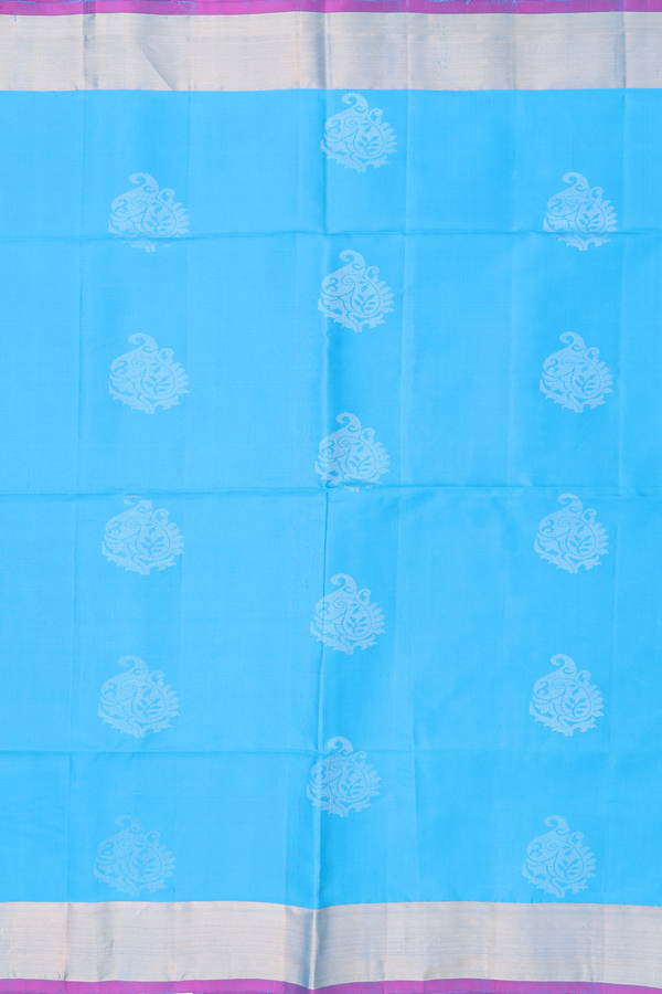 Soft Silk Saree In Deep Sky Blue With Zari Buttas