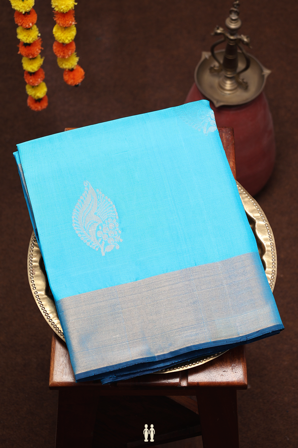 Soft Silk Saree In Deep Sky Blue With Zari Motifs