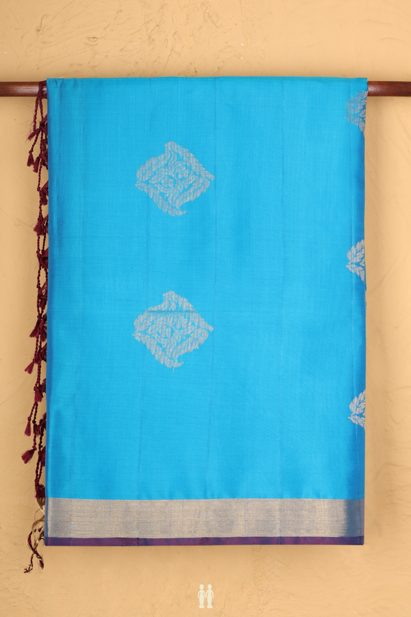 Soft Silk Saree In Deep Sky Blue With Zari Motifs
