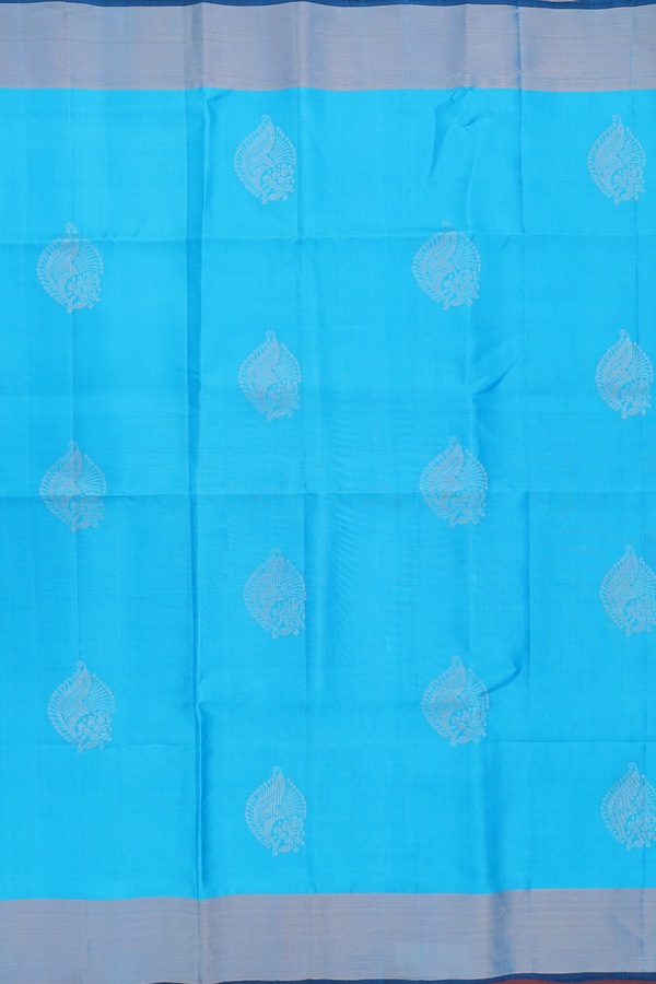 Soft Silk Saree In Deep Sky Blue With Zari Motifs