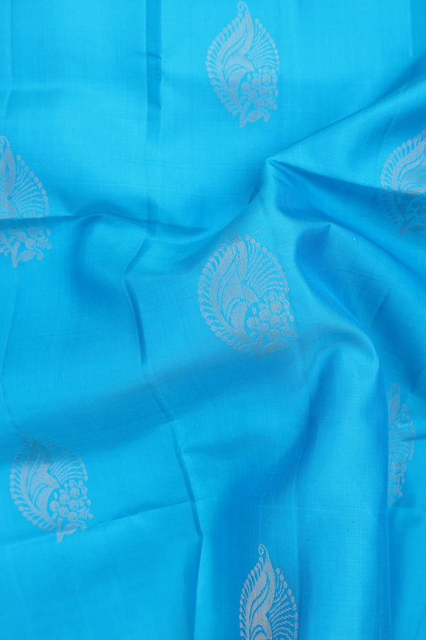 Soft Silk Saree In Deep Sky Blue With Zari Motifs