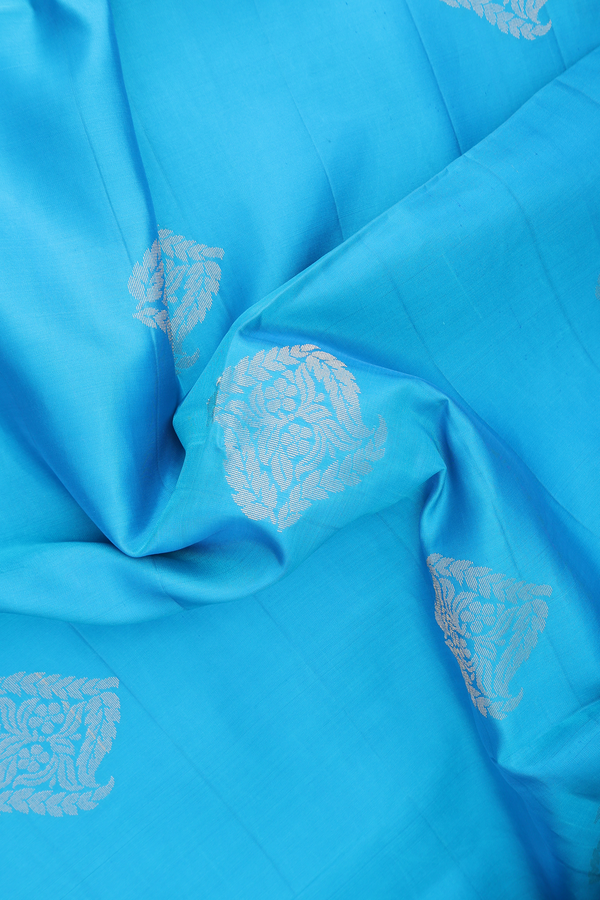 Soft Silk Saree In Deep Sky Blue With Zari Motifs