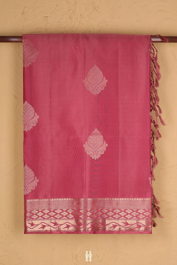 Soft Silk Saree In Dusty Red With Zari Motifs