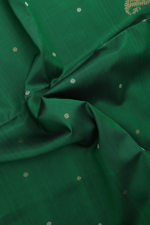 Soft Silk Saree In Emerald Green With Zari Buttas