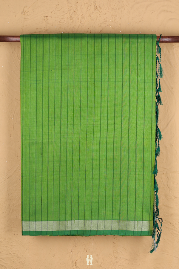 Soft Silk Saree In Parrot Green With Self Stripes Design