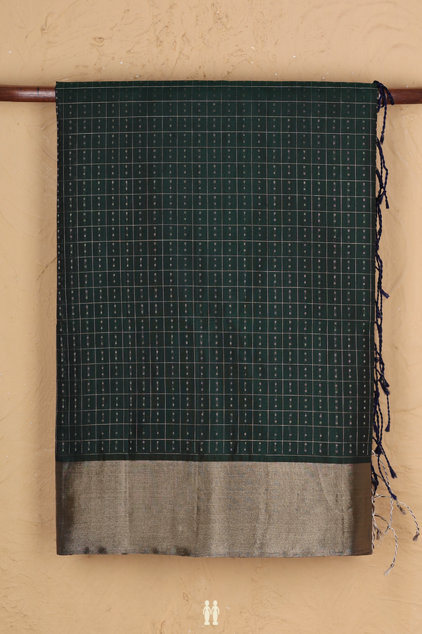 Soft Silk Saree In Forest Green With Checks Design