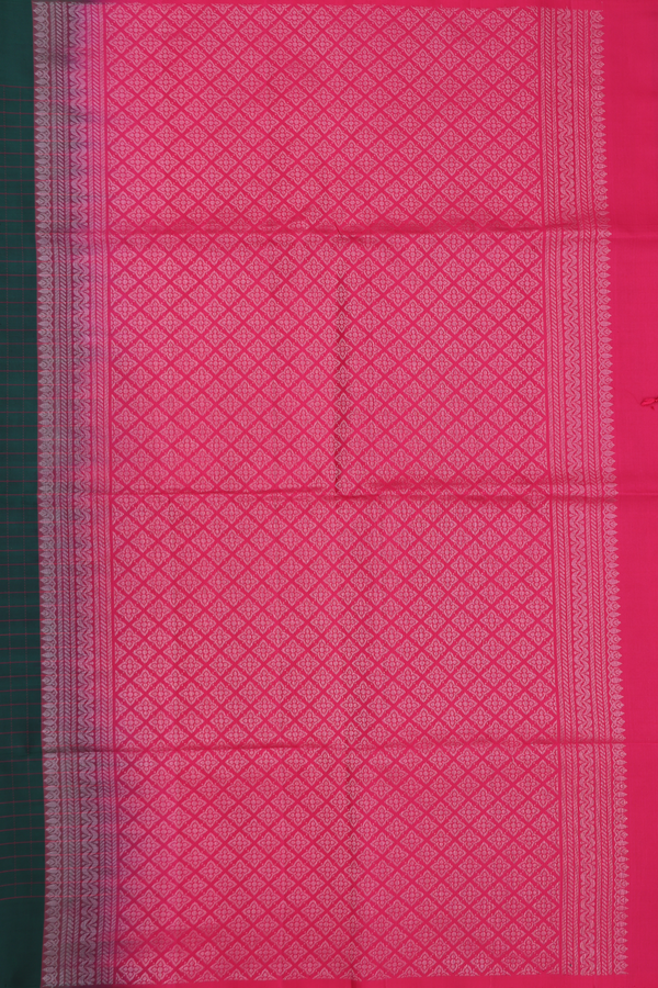 Soft Silk Saree In Forest Green With Checks Design