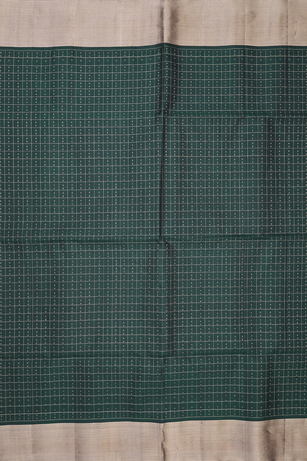 Soft Silk Saree In Forest Green With Checks Design