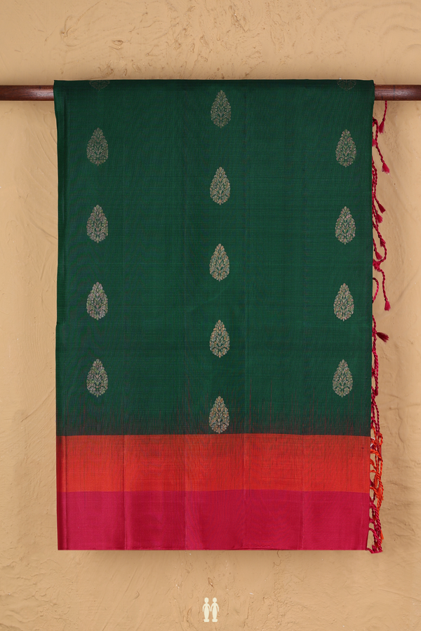 Soft Silk Saree In Forest Green With Zari Buttas