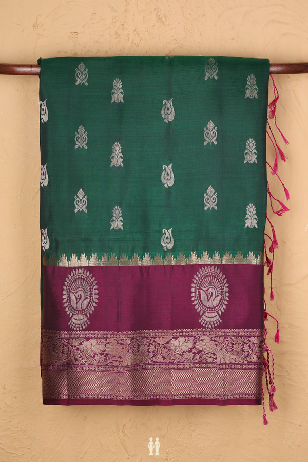 Soft Silk Saree In Forest Green With Zari Buttas