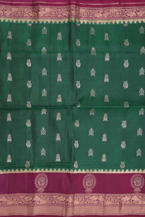 Soft Silk Saree In Forest Green With Zari Buttas