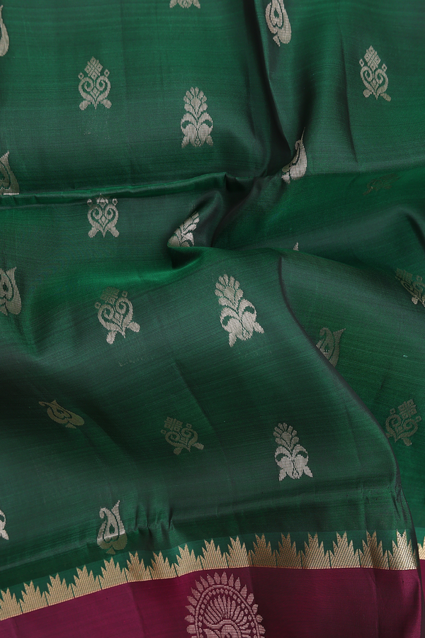 Soft Silk Saree In Forest Green With Zari Buttas