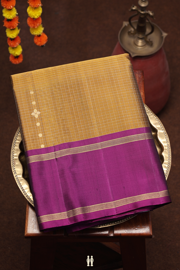 Soft Silk Saree In Golden Brown With Check Design