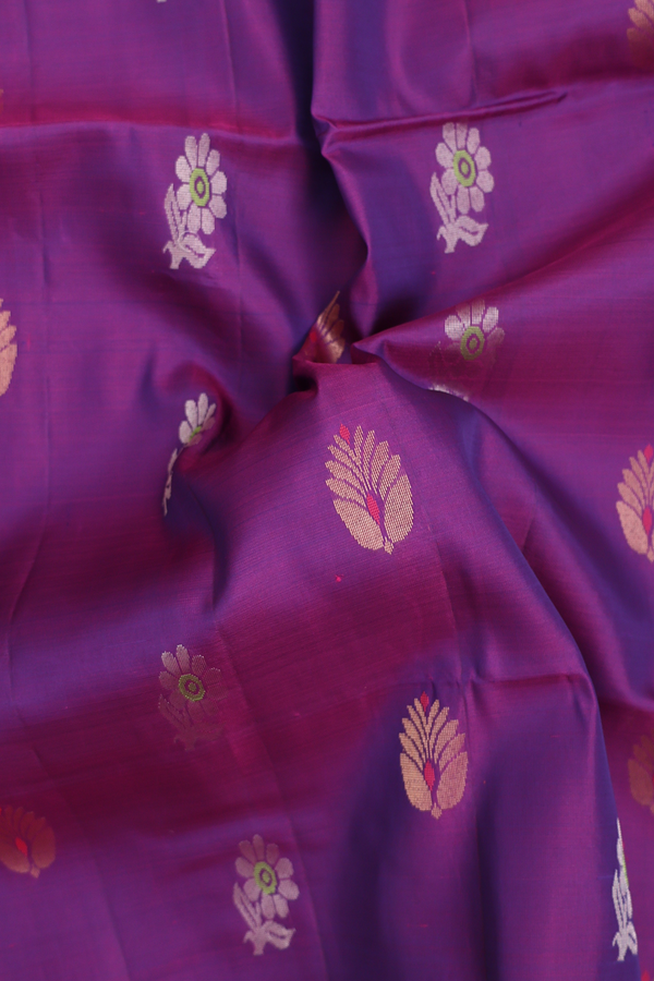 Soft Silk Saree In Grape Purple With Floral Buttas