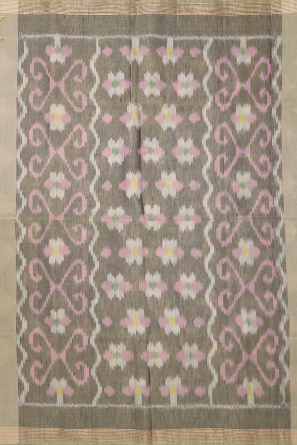 Linen Saree In Green Beige With Stripes Border