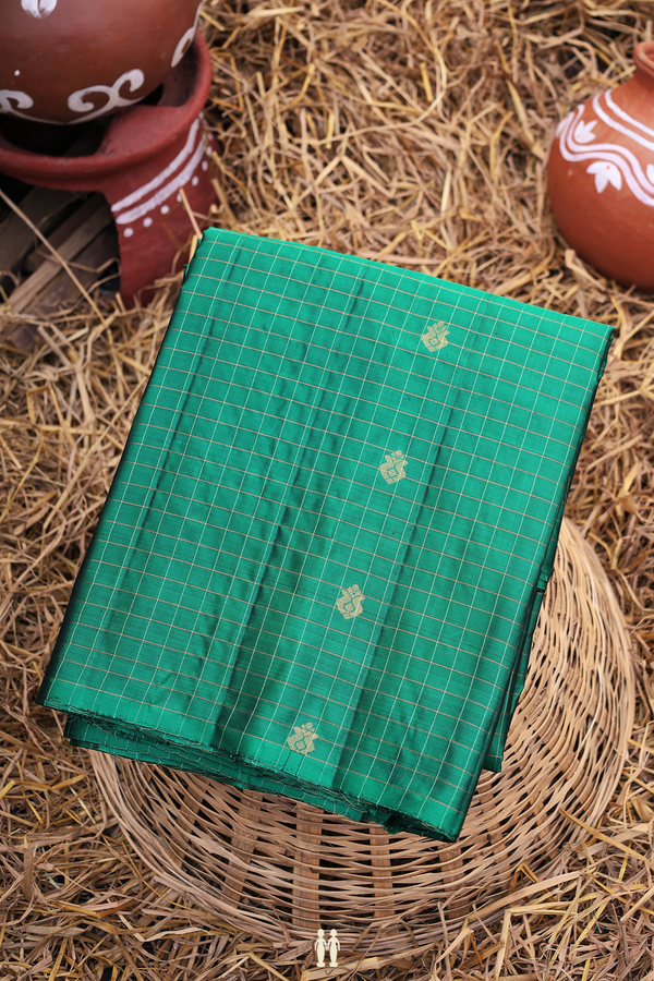 Soft Silk Saree In Green With Checks Design