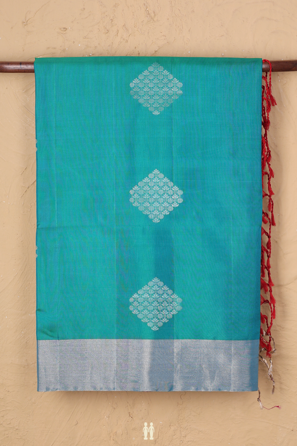Soft Silk Saree In Greenish Blue With Diamond Motifs
