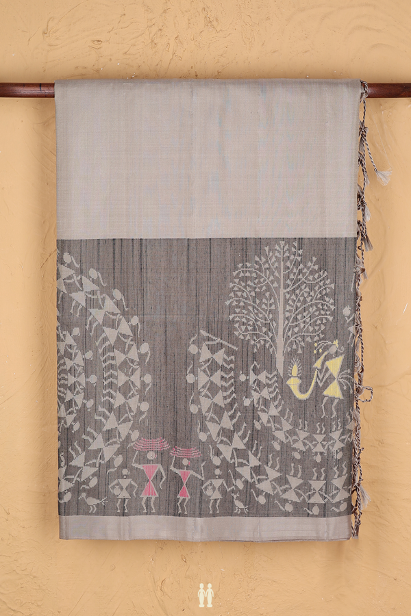 Soft Silk Saree In Greenish Grey With Threadwork Border