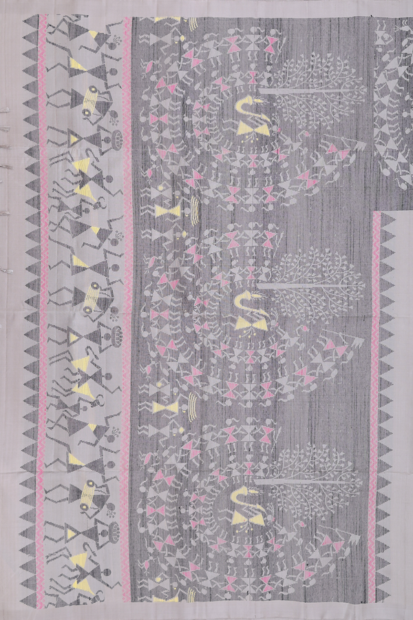 Soft Silk Saree In Greenish Grey With Threadwork Border