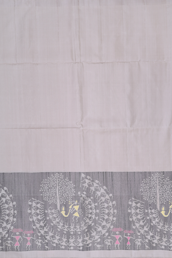 Soft Silk Saree In Greenish Grey With Threadwork Border