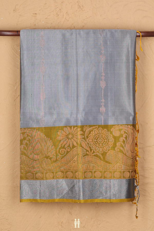 Soft Silk Saree In Grey With Stripes Design