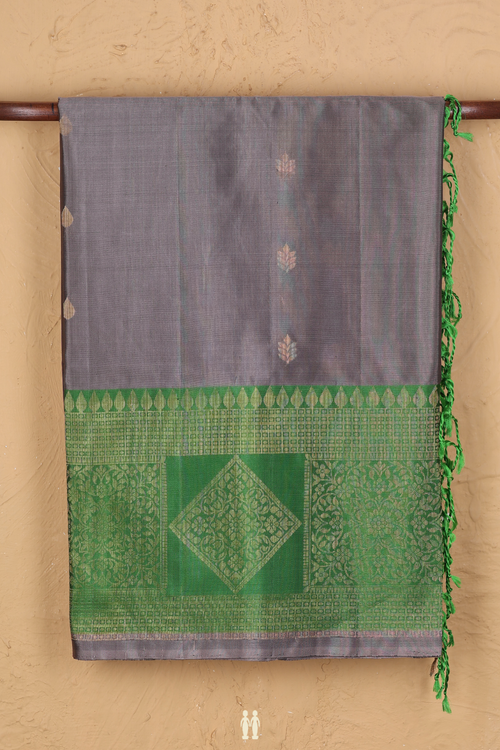 Soft Silk Saree In Grey With Zari Buttas