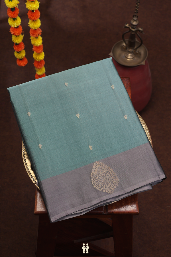 Soft Silk Saree In Greyish Green With Zari Buttis