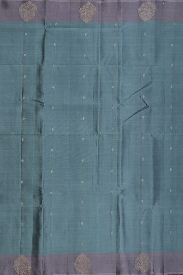 Soft Silk Saree In Greyish Green With Zari Buttis