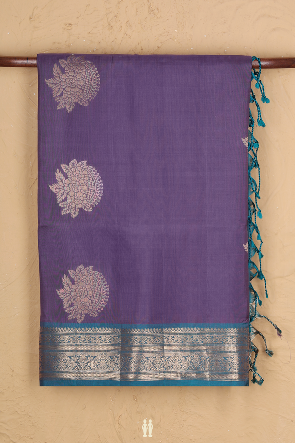 Soft Silk Saree In Greyish Purple With Floral Motifs