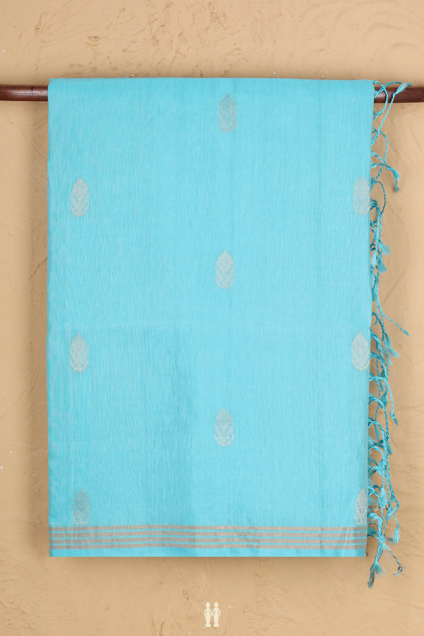 Linen Saree In Light Blue With Zari Buttas