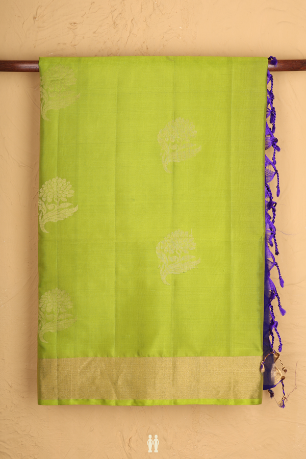 Soft Silk Saree In Lime Green With Floral Motifs