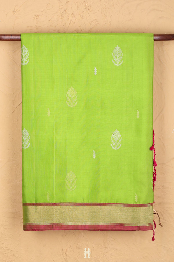 Soft Silk Saree In Lime Green With Zari Buttas