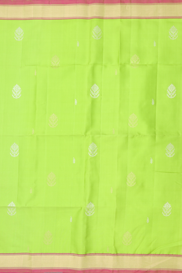 Soft Silk Saree In Lime Green With Zari Buttas