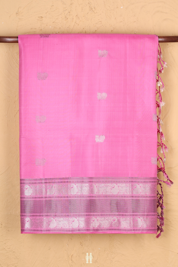 Soft Silk Saree In Lotus Pink With Peacock Buttas