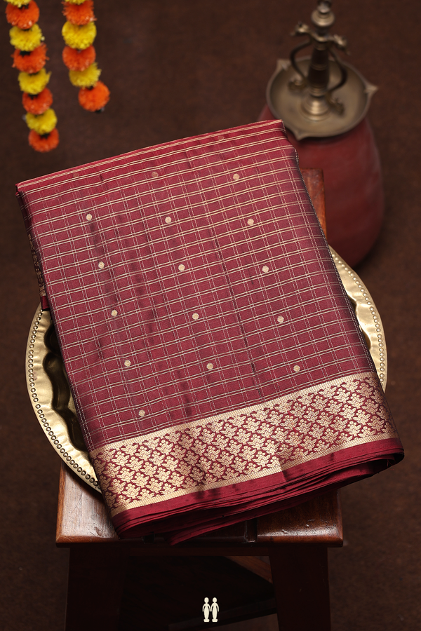 Soft Silk Saree In Maroon With Checks Design
