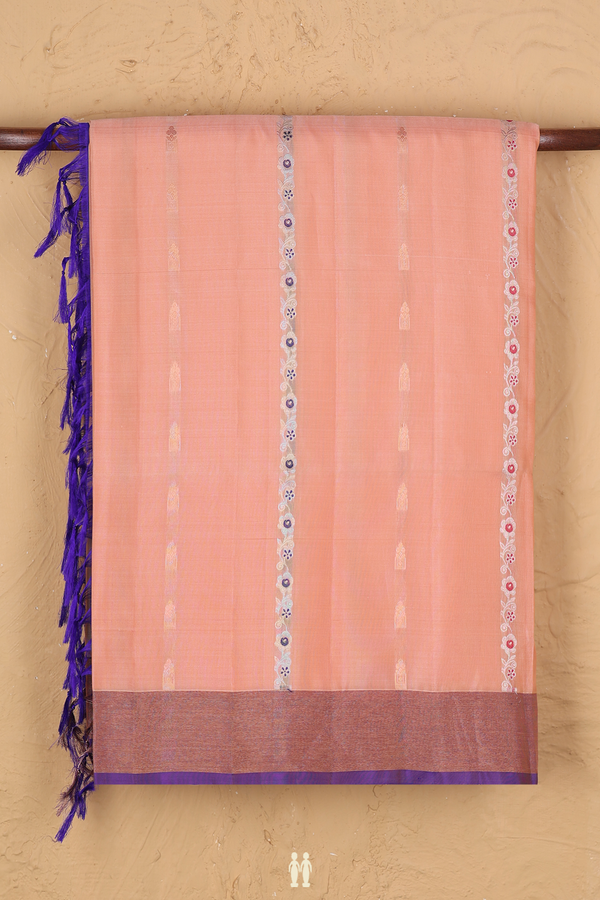 Soft Silk Saree In Melon Orange With Stripes Design