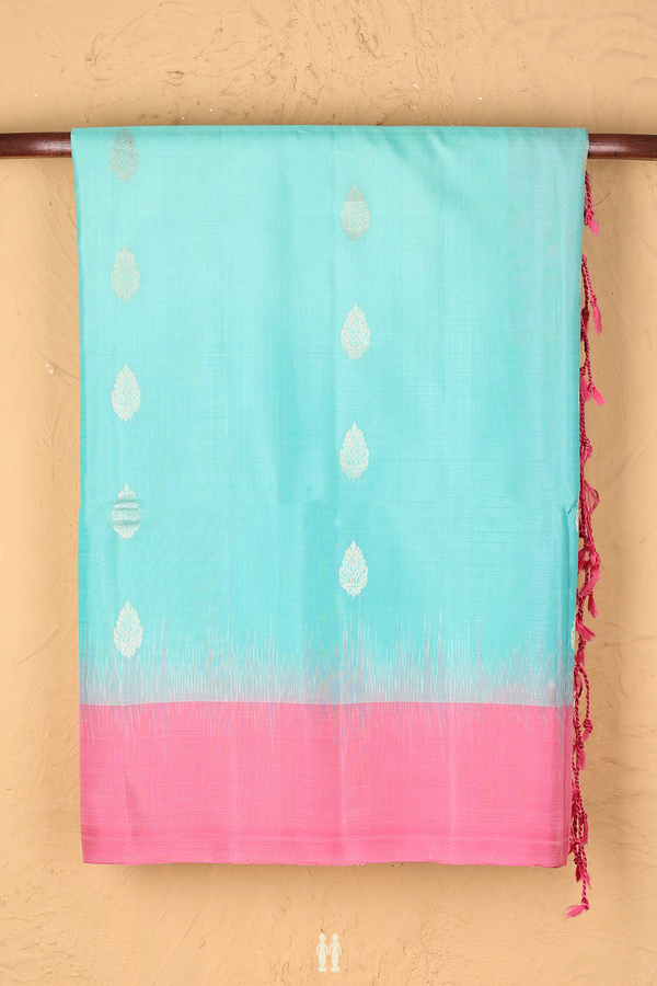 Soft Silk Saree In Mint Blue With Zari Buttas