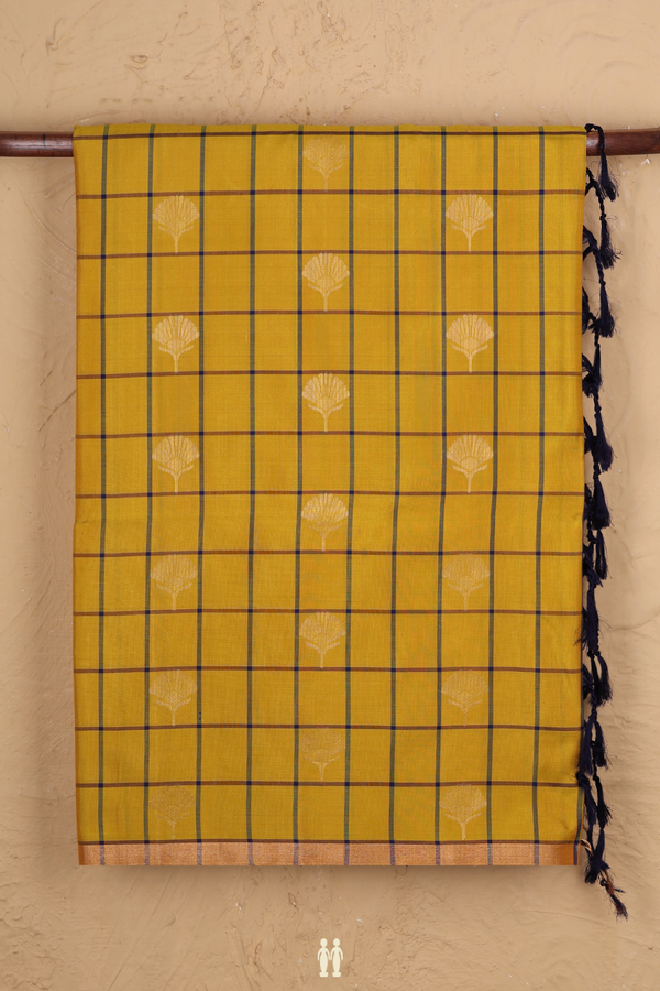 Soft Silk Saree In Mustard Yellow Along Checks With Buttas