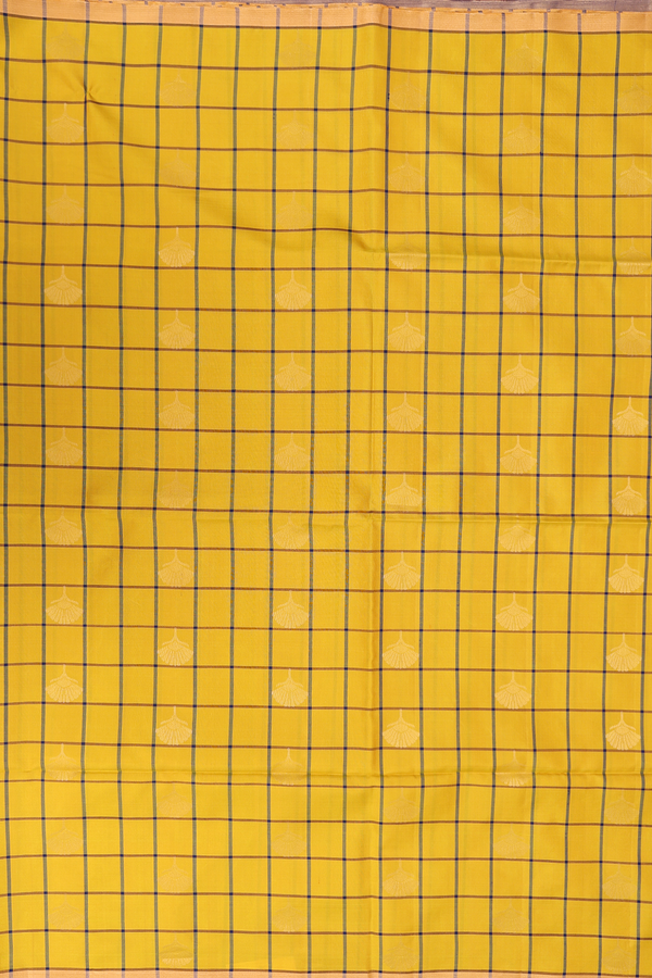 Soft Silk Saree In Mustard Yellow Along Checks With Buttas