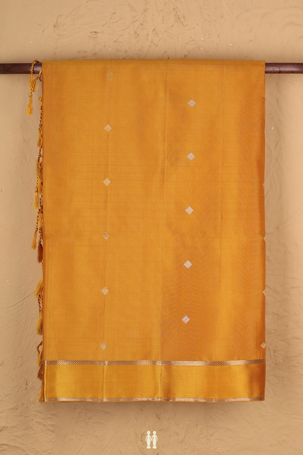 Soft Silk Saree In Mustard Yellow With Floral Buttas