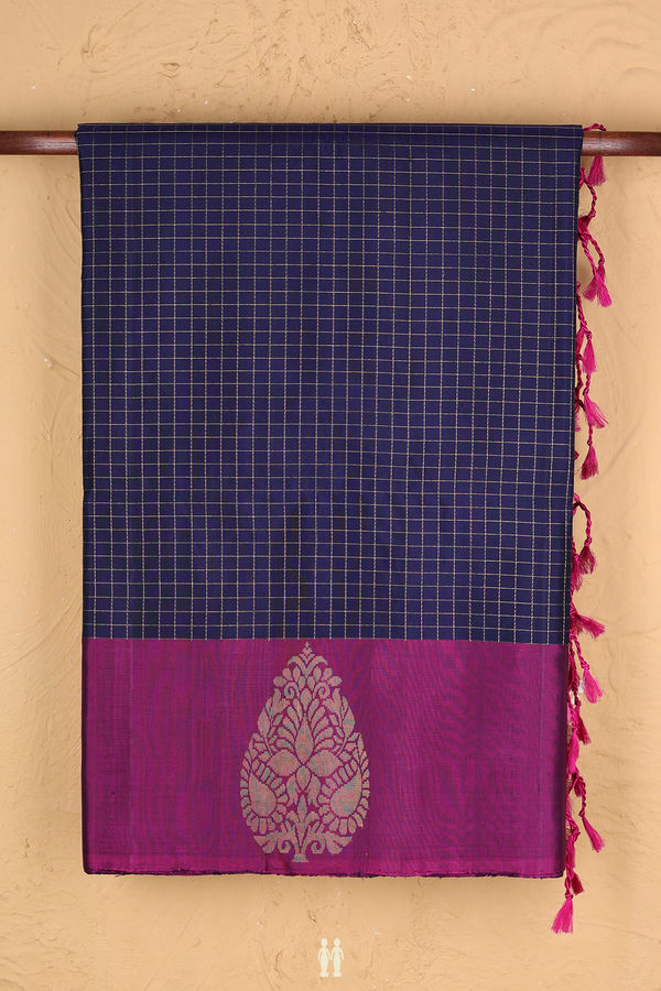 Soft Silk Saree In Navy Blue With Checks Design