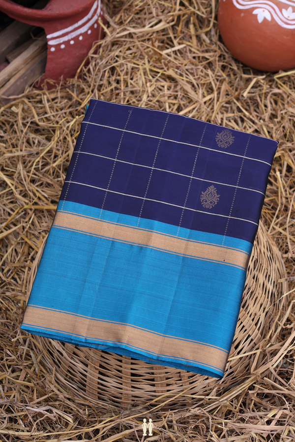 Soft Silk Saree In Navy Blue With Checks Design