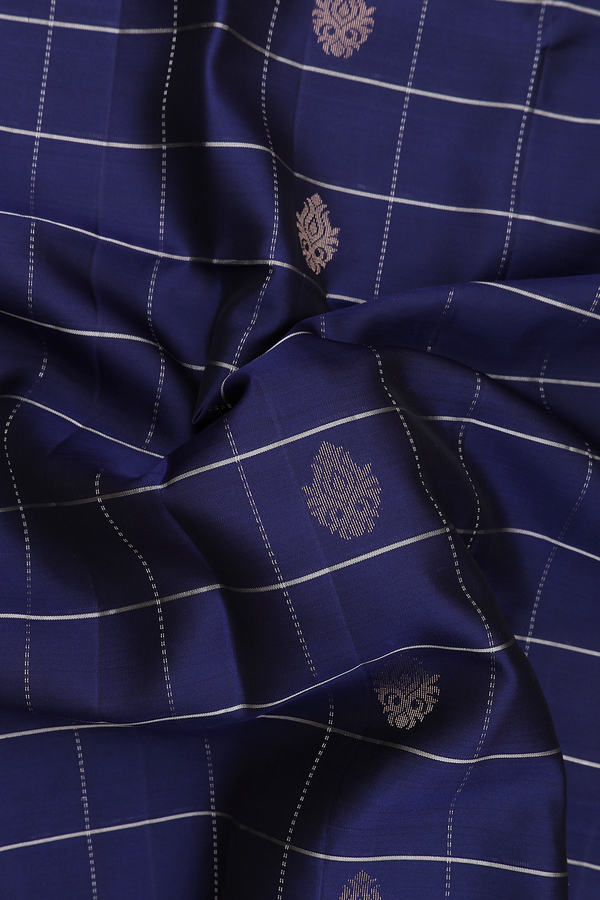 Soft Silk Saree In Navy Blue With Checks Design