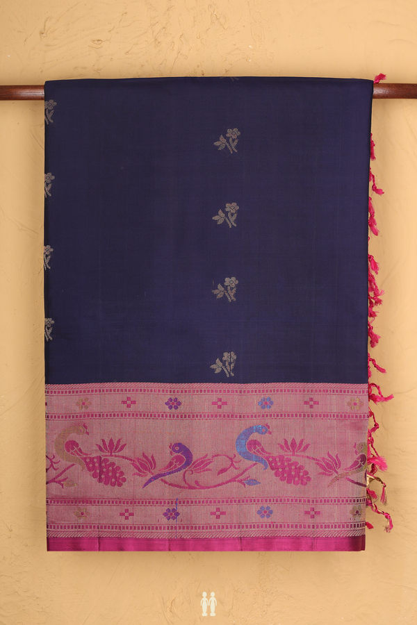 Soft Silk Saree In Navy Blue With Floral Buttas