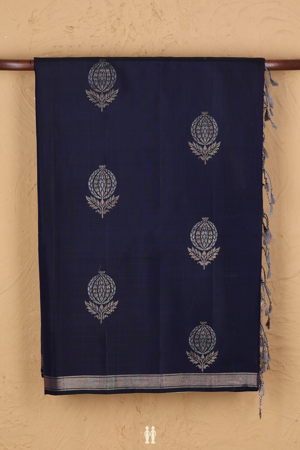 Soft Silk Saree In Navy Blue With Floral Motifs
